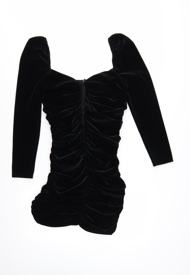 Zara Women Black Velvet Ruched Bodycon Mini Dress Size 12