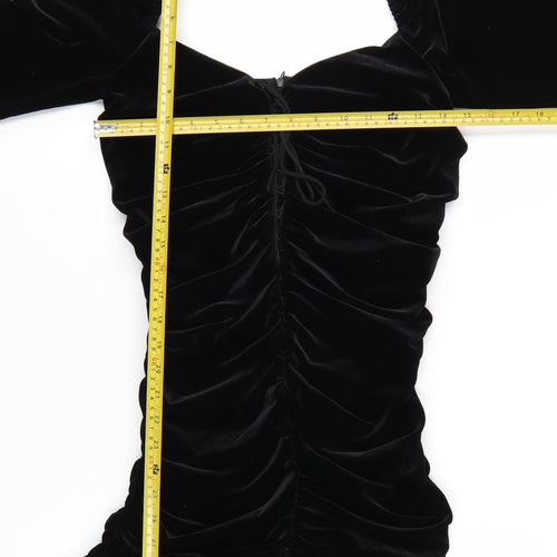 Zara Women Black Velvet Ruched Bodycon Mini Dress Size 12