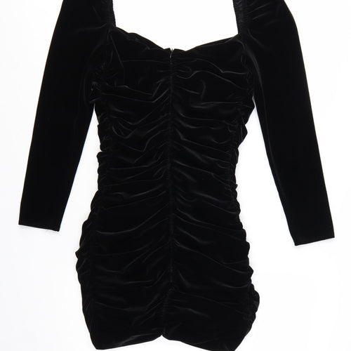 Zara Women Black Velvet Ruched Bodycon Mini Dress Size 12