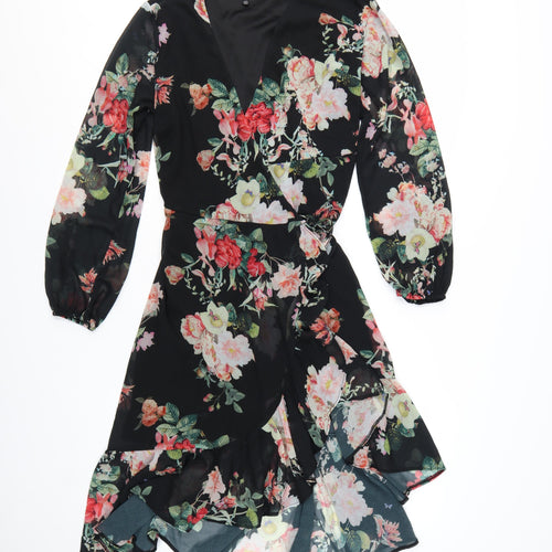 Lipsy Women’s Black Floral Wrap Hi-Low Chiffon Dress Size 12