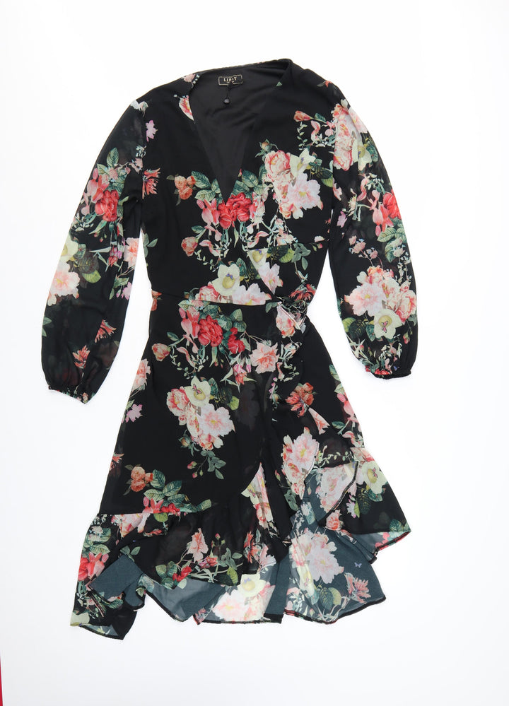 Lipsy Women’s Black Floral Wrap Hi-Low Chiffon Dress Size 12
