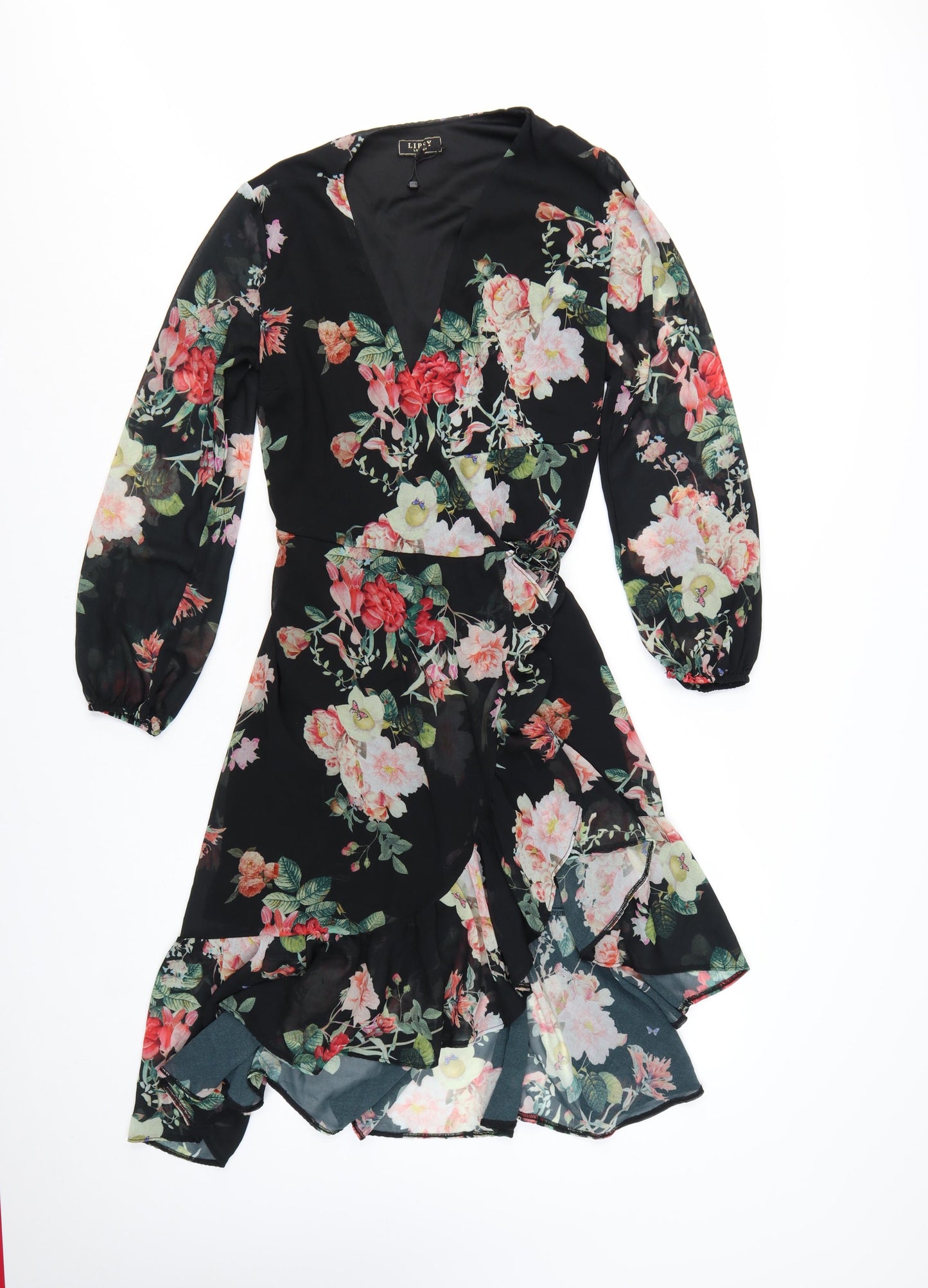 Lipsy Women’s Black Floral Wrap Hi-Low Chiffon Dress Size 12