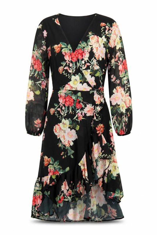 Front view of Lipsy Women’s Black Floral Wrap Hi-Low Chiffon Dress, size UK 12