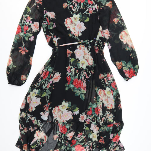 Lipsy Women’s Black Floral Wrap Hi-Low Chiffon Dress Size 12