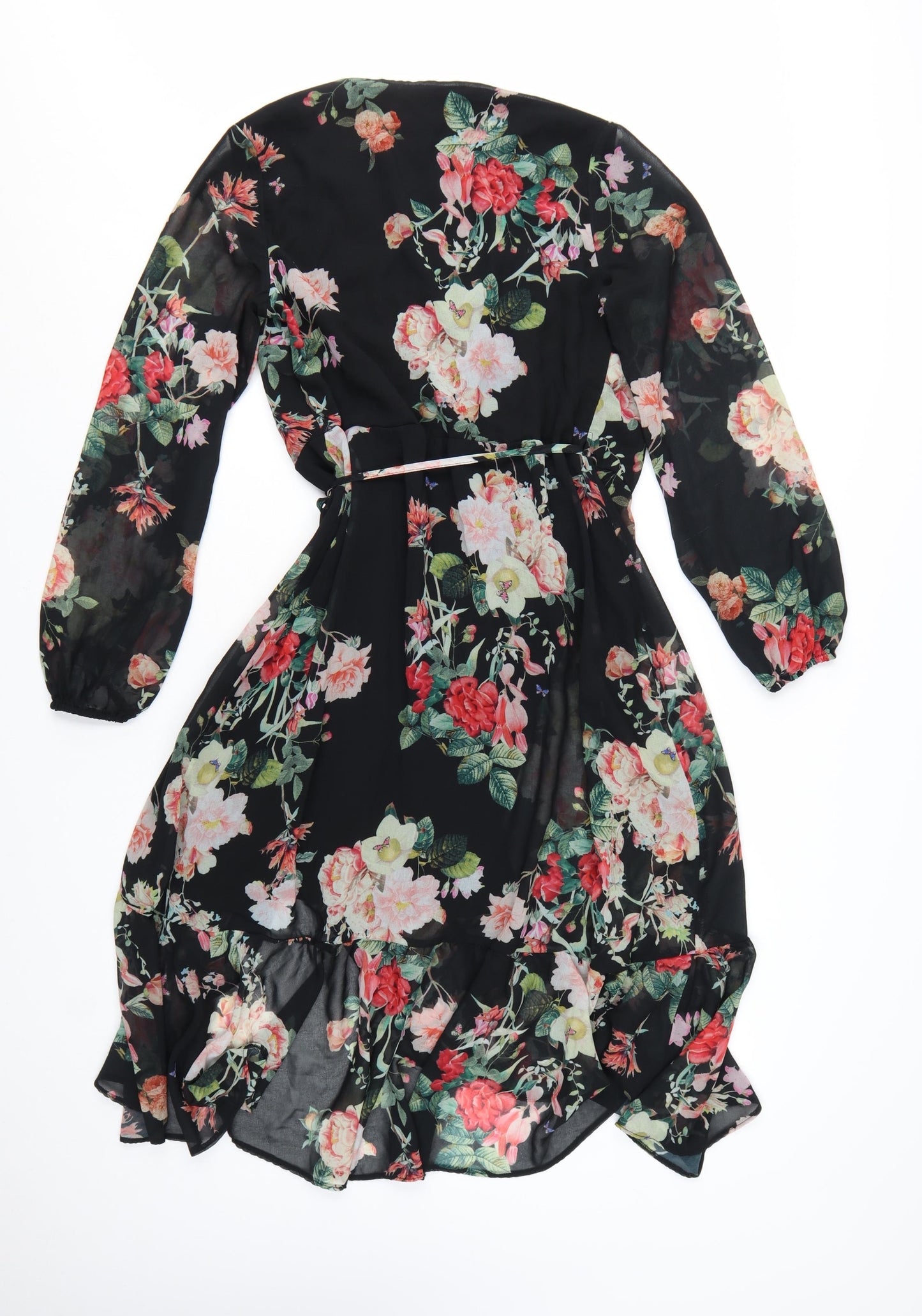 Lipsy Women’s Black Floral Wrap Hi-Low Chiffon Dress Size 12