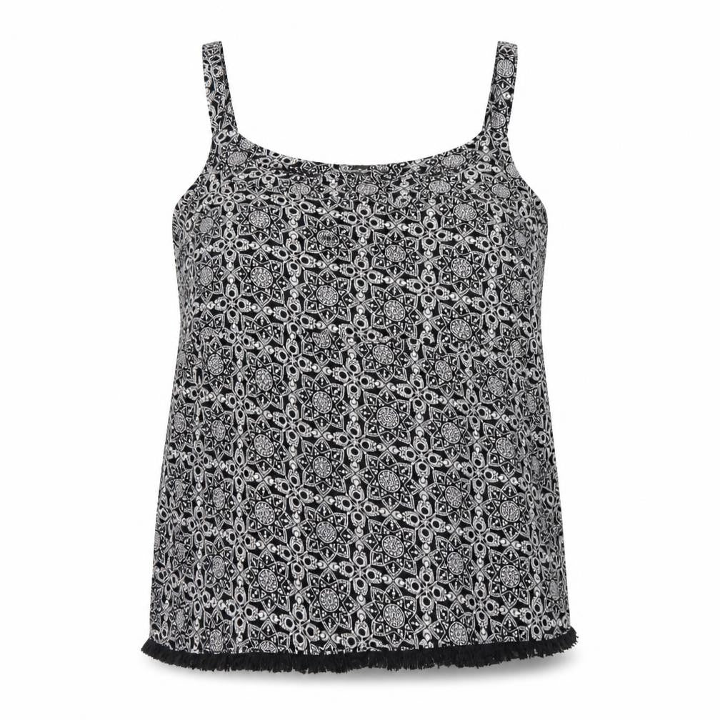 Front view of Bonmarché women’s black geometric camisole tank top, size UK 14