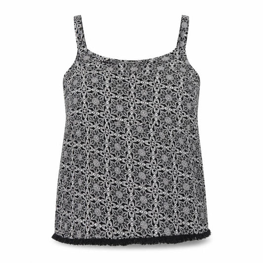 Front view of Bonmarché women’s black geometric camisole tank top, size UK 14