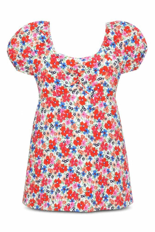 Front view of Papaya Women’s Multicoloured Floral Short Puff Sleeve A-Line Dress, size UK 16
