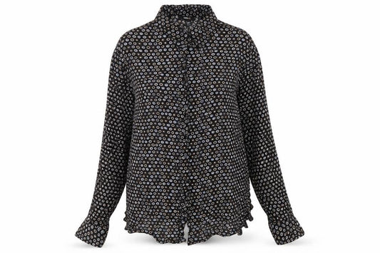 Front view of H&M Women’s Black Geometric Button-Up Shirt, size UK 14