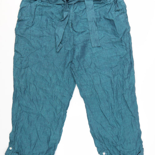 East Women's Blue Linen Cropped Belted Trousers Size 16