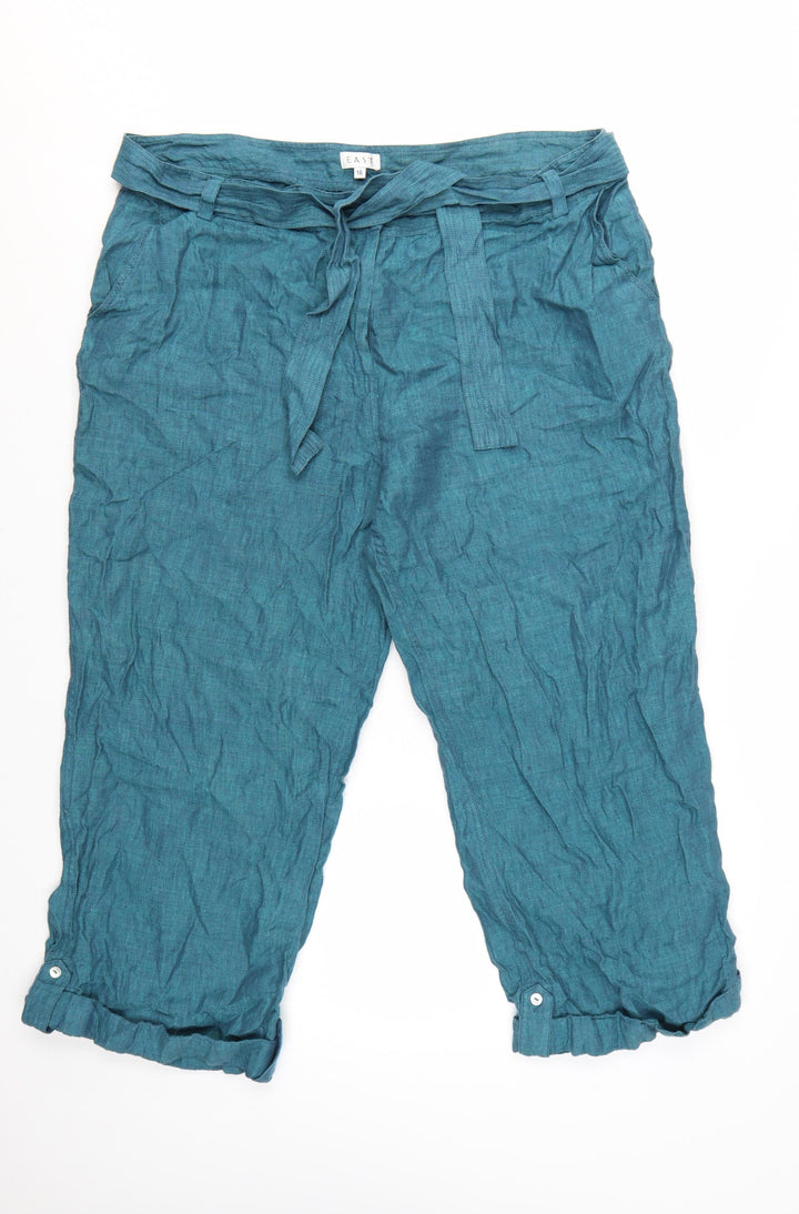 East Women's Blue Linen Cropped Belted Trousers Size 16