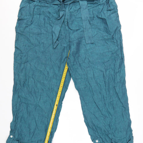 East Women's Blue Linen Cropped Belted Trousers Size 16