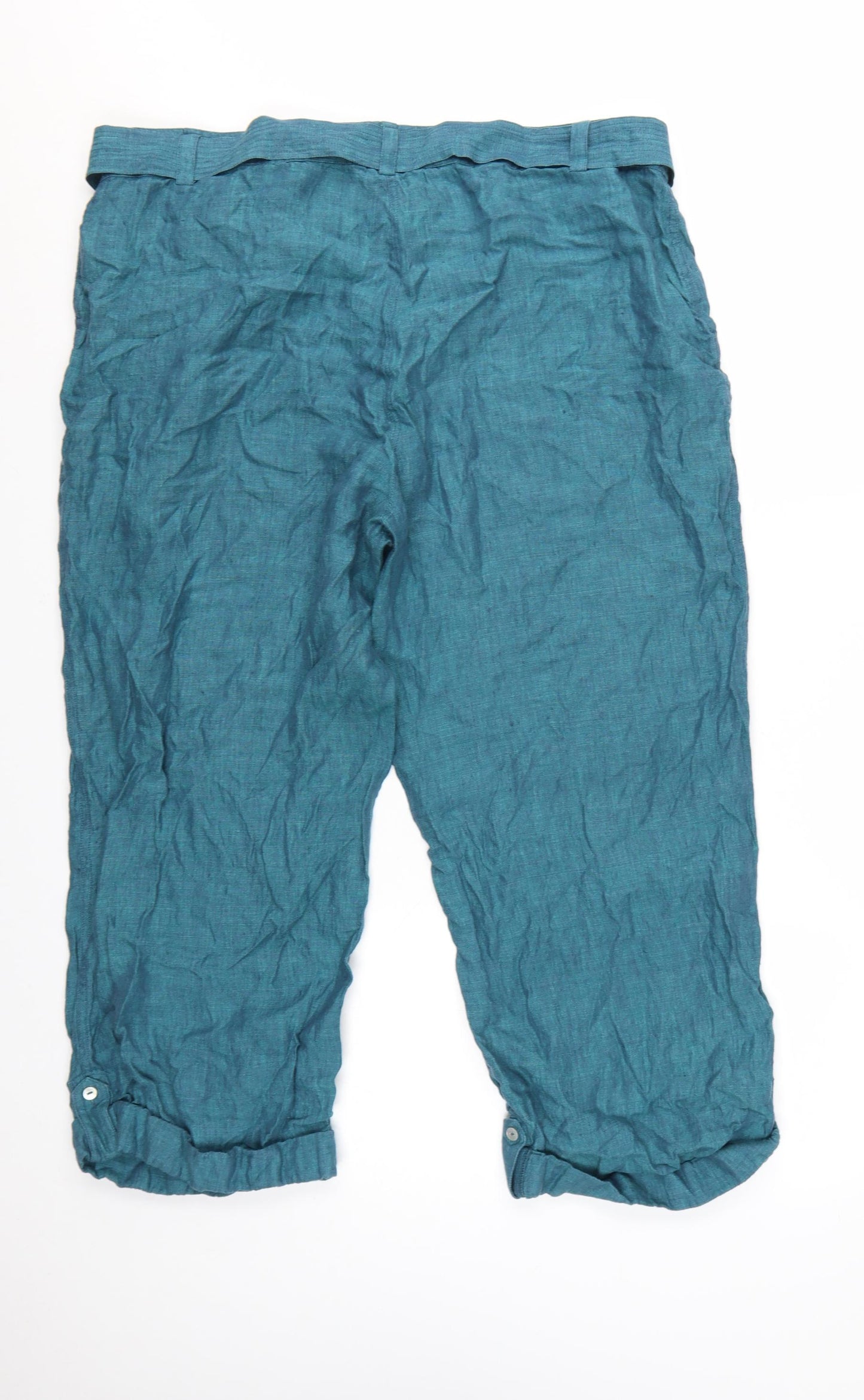 East Women's Blue Linen Cropped Belted Trousers Size 16