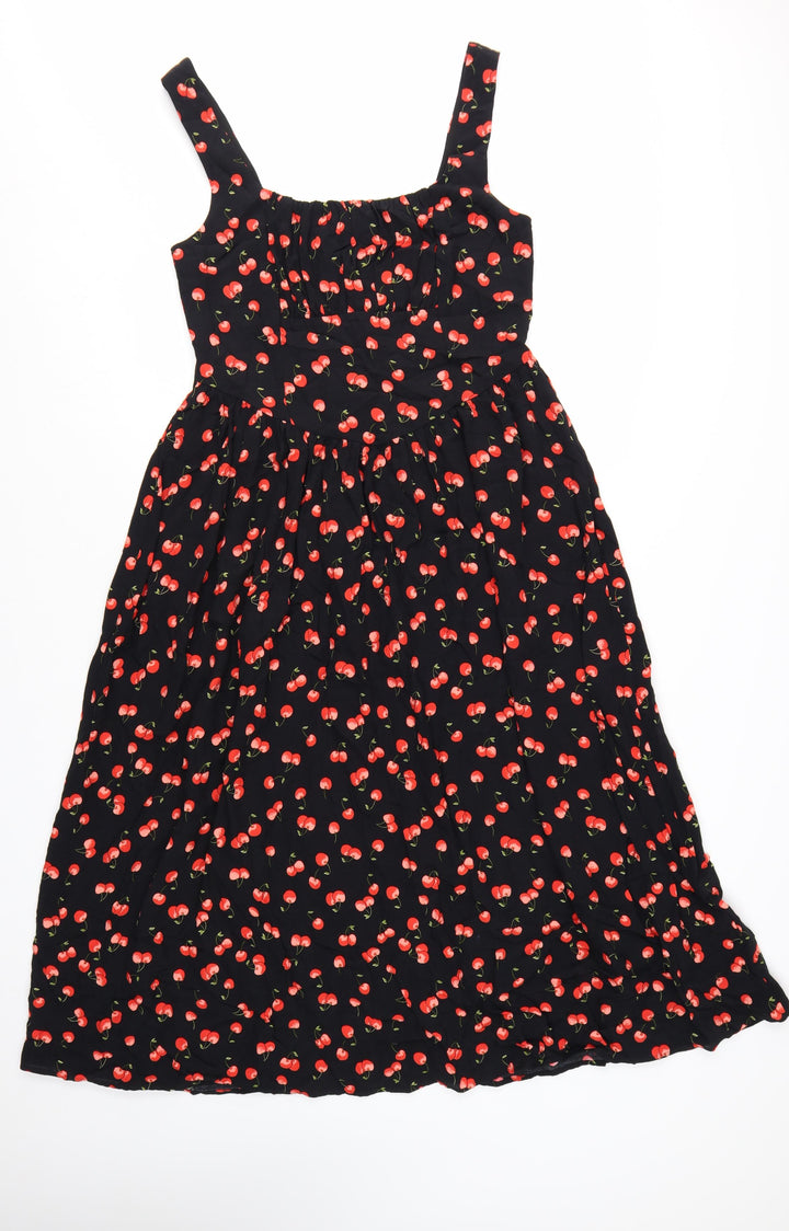 Marks and Spencer Womens Black Cherry Print Fit & Flare Midi Dress Size 12