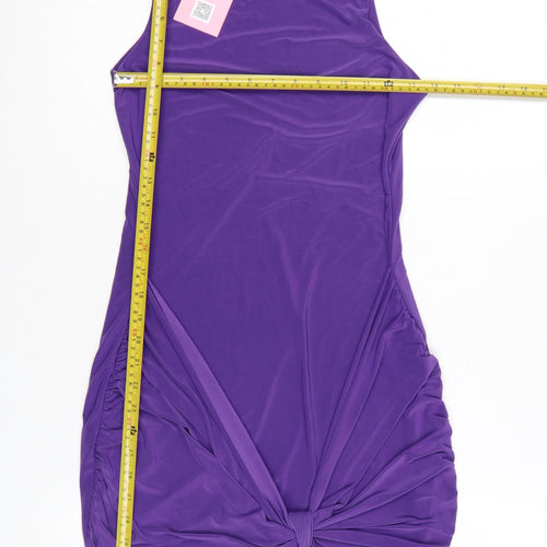 Missy Empire Women's Purple Bodycon Mini Dress Size 12 Sleeveless Ruched Tie