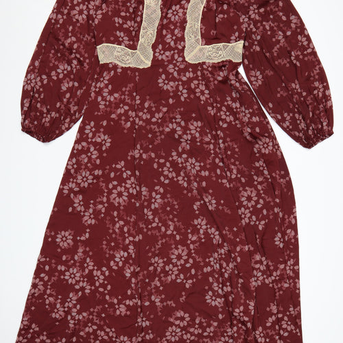 Marks and Spencer Per Una Women's Red Floral A-Line Midi Dress Size 12