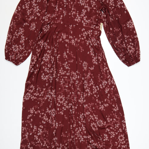 Marks and Spencer Per Una Women's Red Floral A-Line Midi Dress Size 12