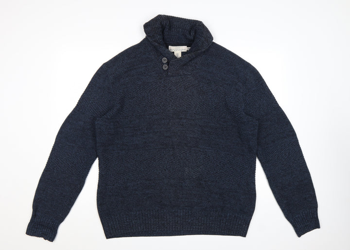 H&M L.O.G.G Men’s Blue High Neck Button Henley Knit Jumper XL
