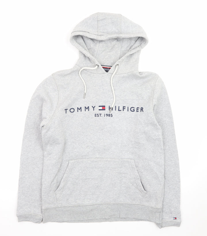 Tommy Hilfiger Men’s Grey Pullover Hoodie S Logo Fleece Sweatshirt