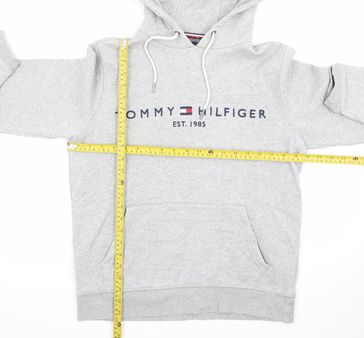 Tommy Hilfiger Men’s Grey Pullover Hoodie S Logo Fleece Sweatshirt