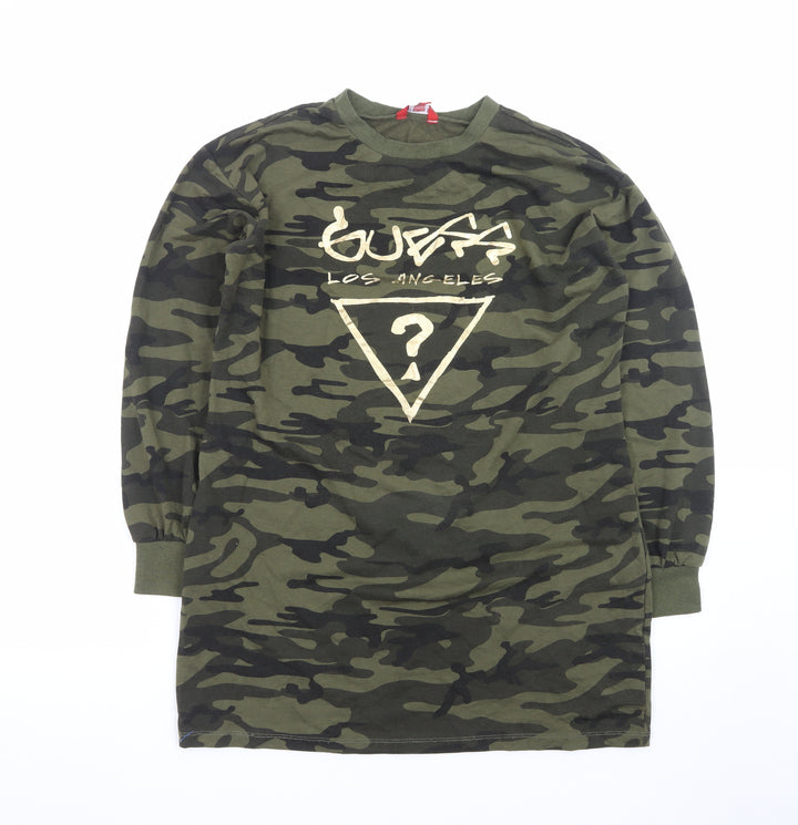 Guess Women Green Camouflage T-Shirt Dress XS Long Sleeve