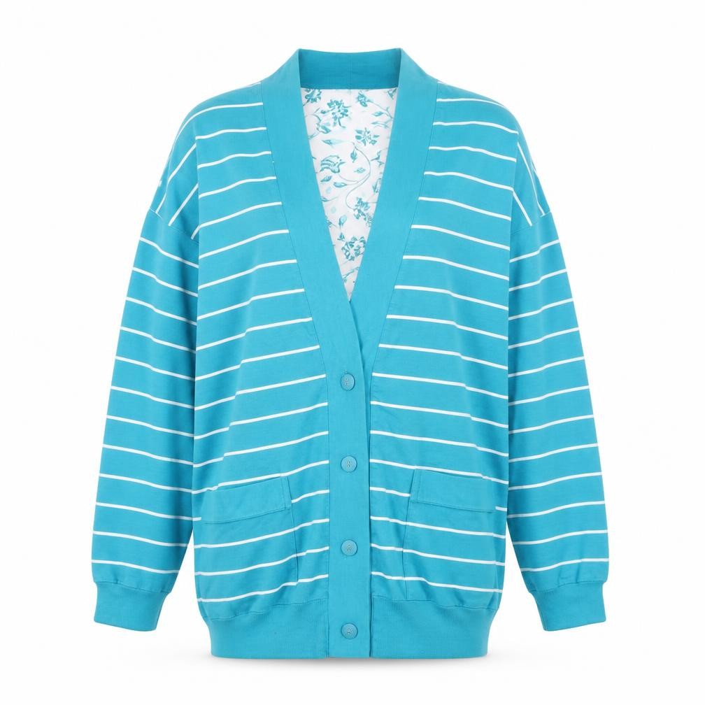 Front view of Blast Point Women's Blue Striped Petites Cardigan M Relaxed Fit