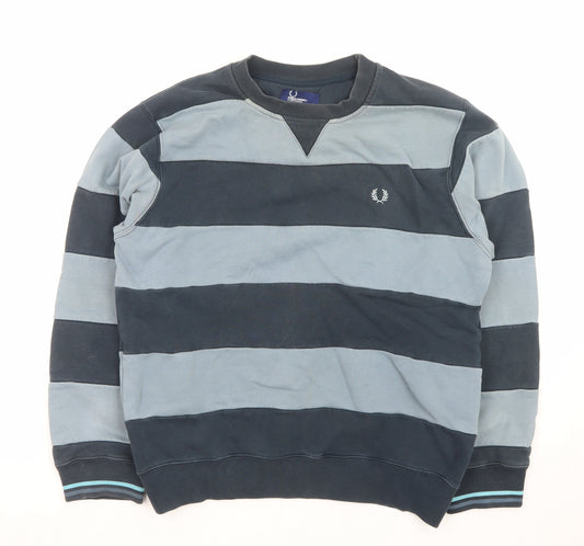 Fred Perry Men's Blue Striped Crew Neck Pullover Sweatshirt L
