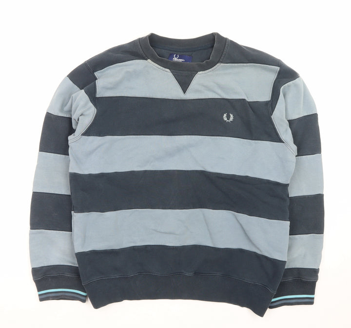 Fred Perry Men's Blue Striped Crew Neck Pullover Sweatshirt L