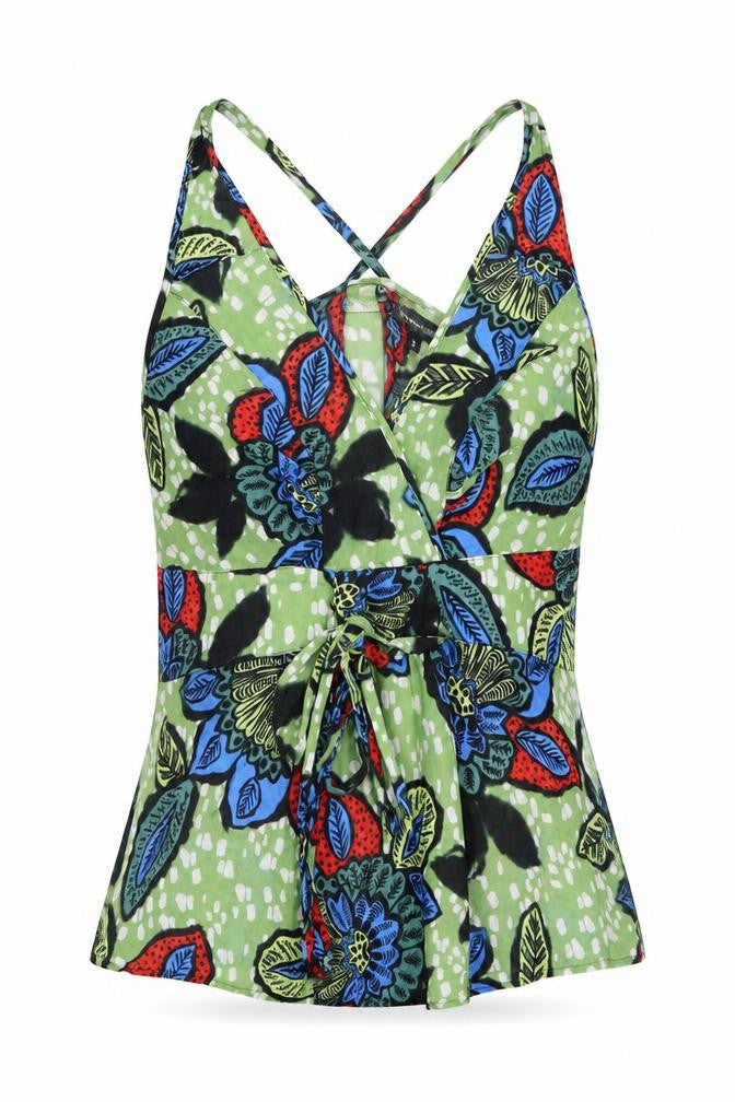 Front view of Warehouse women’s multicoloured floral wrap blouse, size UK 12