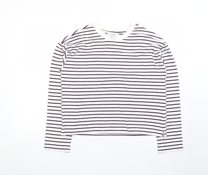 Marks and Spencer Womens White Striped Long Sleeve Cotton T-Shirt Size 12