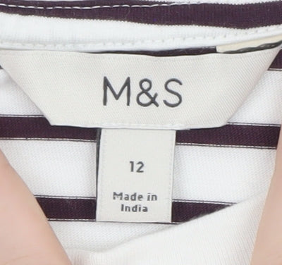 Marks and Spencer Womens White Striped Long Sleeve Cotton T-Shirt Size 12