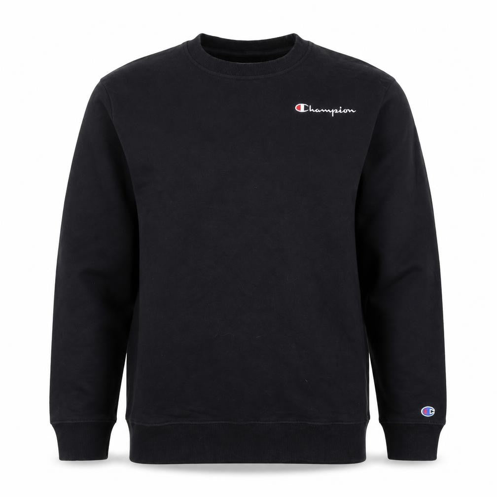 Front view of Champion men’s black medium crew neck pullover sweatshirt