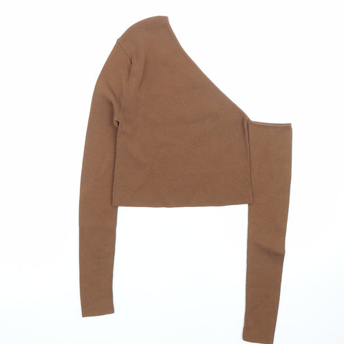 Zara Women Brown One Shoulder Cropped Slim Fit Top Size S