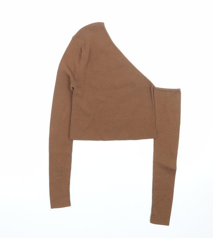 Zara Women Brown One Shoulder Cropped Slim Fit Top Size S