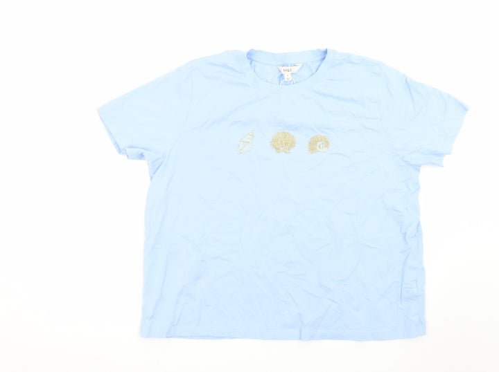 Marks and Spencer Women's Blue Beaded Seashell Cotton T-Shirt Size 20