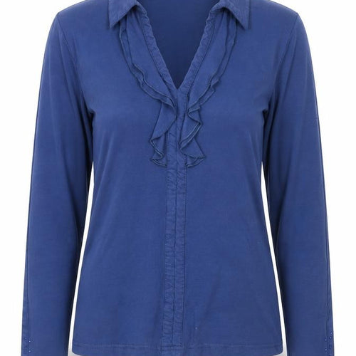 Oscar B. Women’s Blue Ruffle Long Sleeve Cotton Blend Blouse Size S