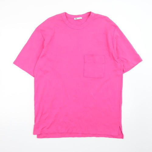 Zara Women Pink Relaxed Fit Cotton Crew Neck T-Shirt Size 14