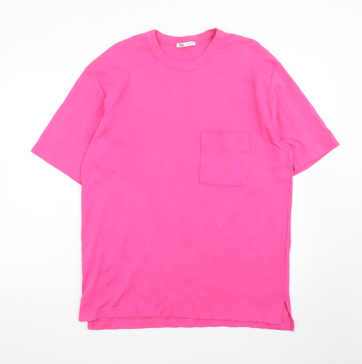 Zara Women Pink Relaxed Fit Cotton Crew Neck T-Shirt Size 14