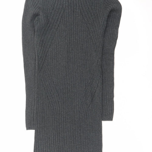 New Look Women Grey Ribbed Knit Bodycon Long Sleeve Dress Size 10