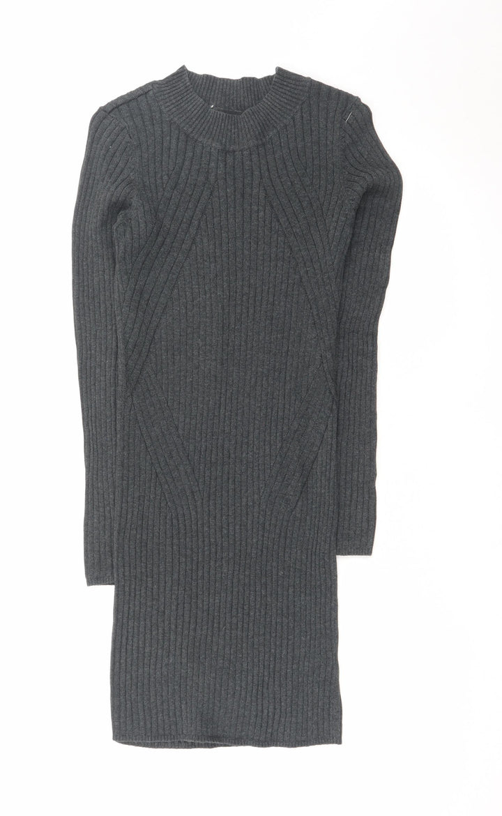 New Look Women Grey Ribbed Knit Bodycon Long Sleeve Dress Size 10