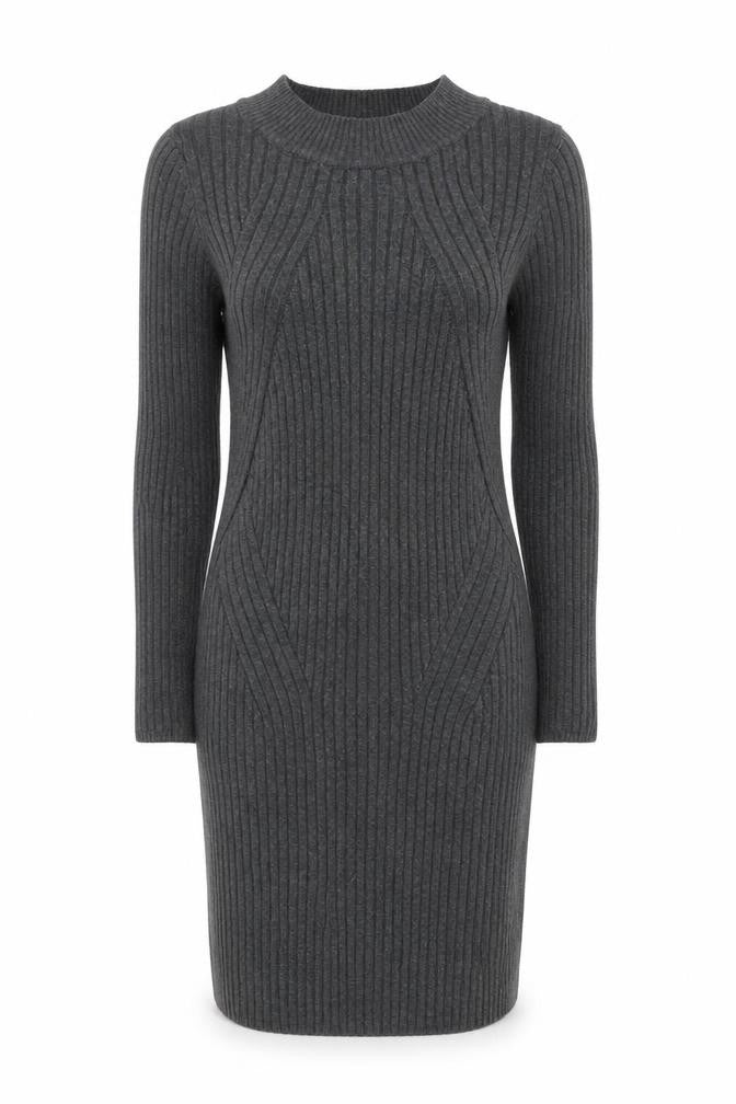 New Look Women Grey Ribbed Knit Bodycon Long Sleeve Dress Size 10