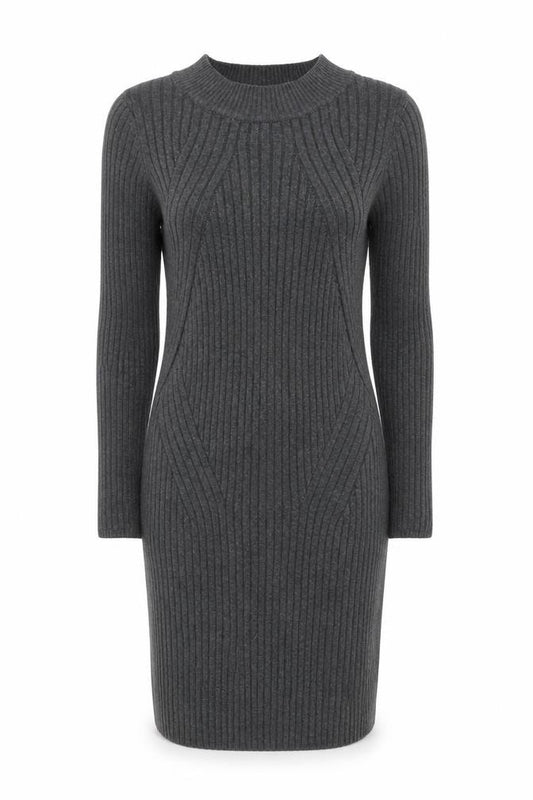 Front view of New Look Women Grey Ribbed Knit Bodycon Long Sleeve Dress, size 10