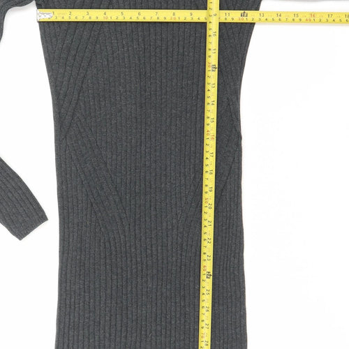 New Look Women Grey Ribbed Knit Bodycon Long Sleeve Dress Size 10