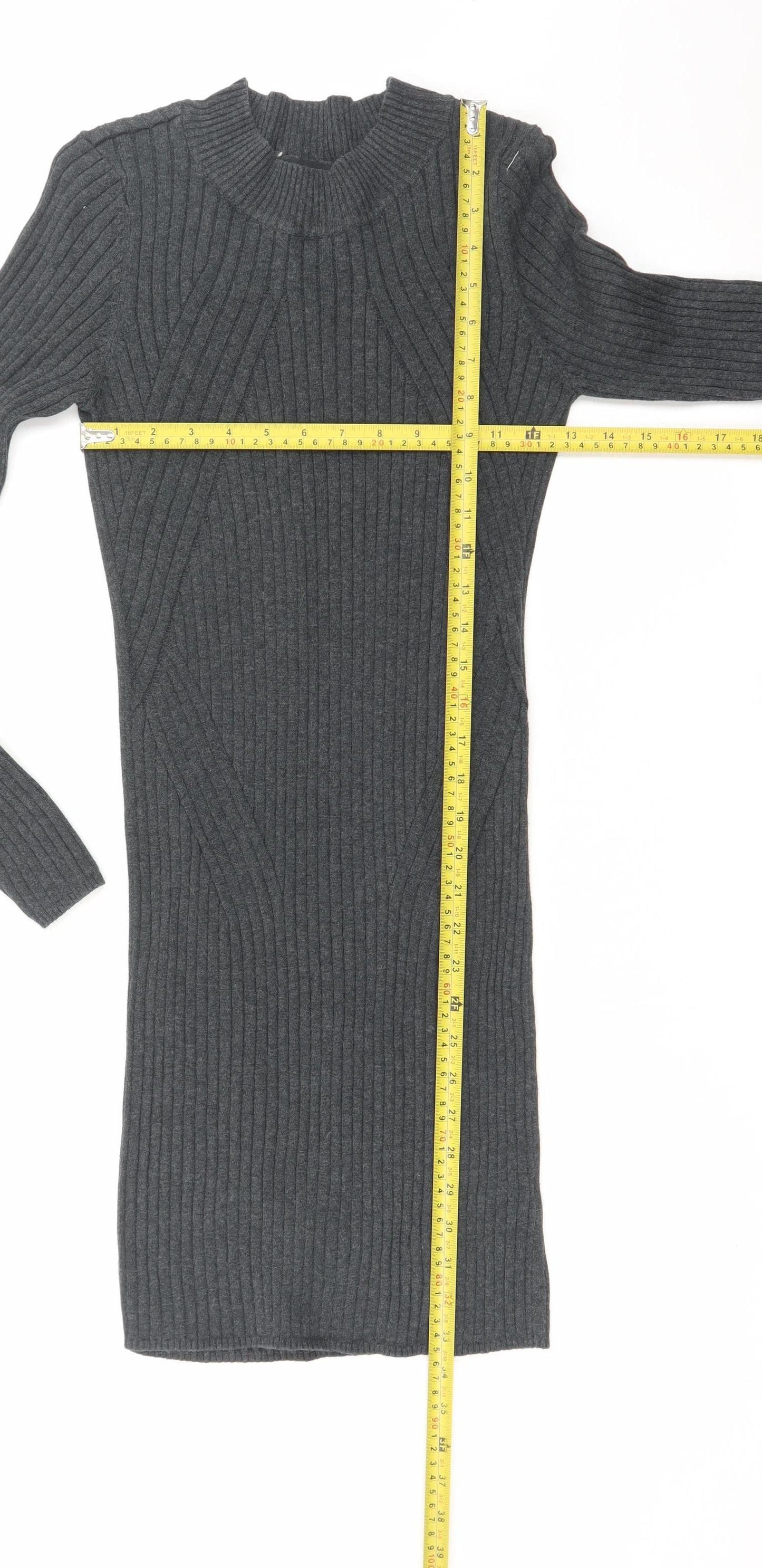 New Look Women Grey Ribbed Knit Bodycon Long Sleeve Dress Size 10