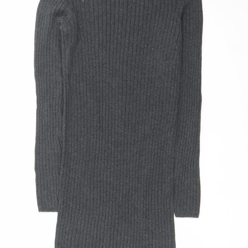 New Look Women Grey Ribbed Knit Bodycon Long Sleeve Dress Size 10