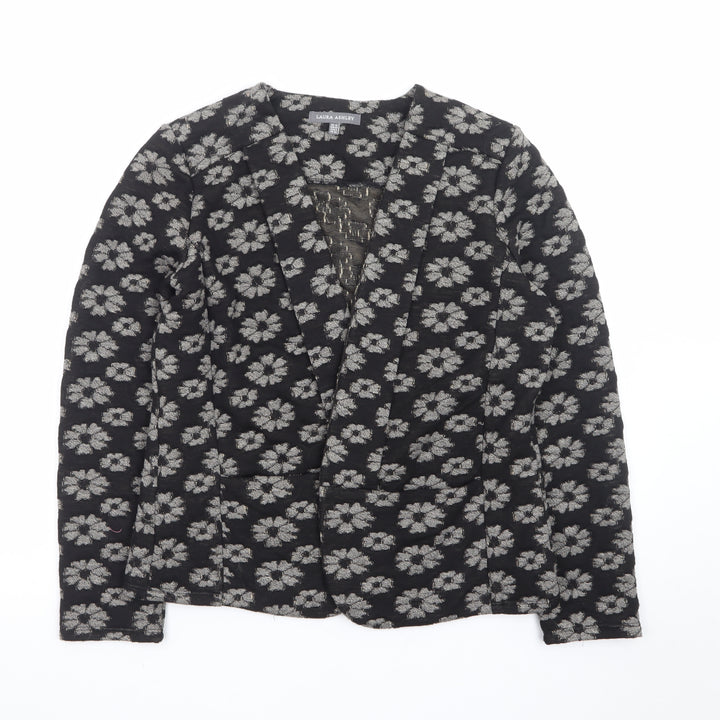 Laura Ashley Women Black Floral V-Neck Long Sleeve Blouse Size 12