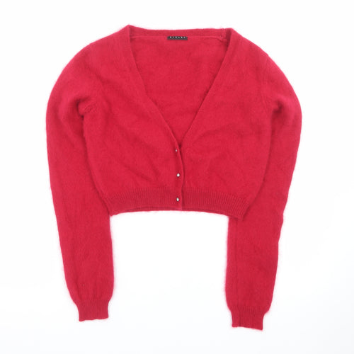 Benetton Women Red V-Neck Mohair Wool Cardigan Jumper Size 8