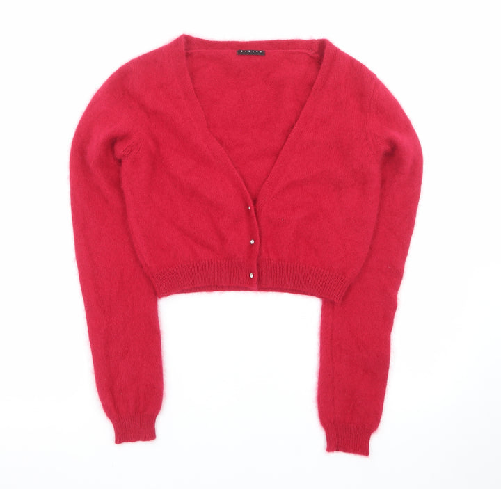 Benetton Women Red V-Neck Mohair Wool Cardigan Jumper Size 8