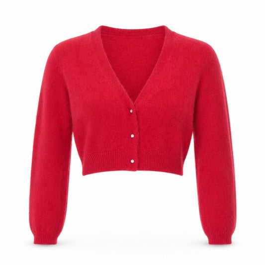 Front view of United Colors of Benetton Women Red V-Neck Mohair Wool Cardigan Jumper, size 8