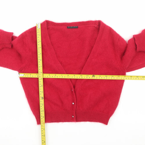 Benetton Women Red V-Neck Mohair Wool Cardigan Jumper Size 8